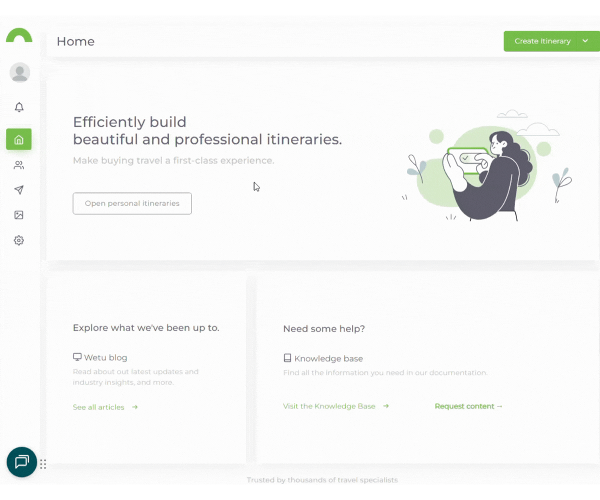 Animation showing how to access the Wetu user profile: clicking the profile icon in the top-right corner of the screen and selecting 'Personal Details' from the dropdown menu
