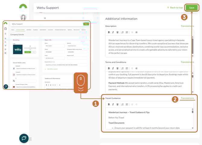 Travel Guidance section with Translations button and Save button visible below text field