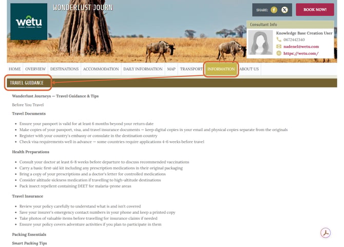 Classic itinerary showing Travel Guidance at the top of the Information section