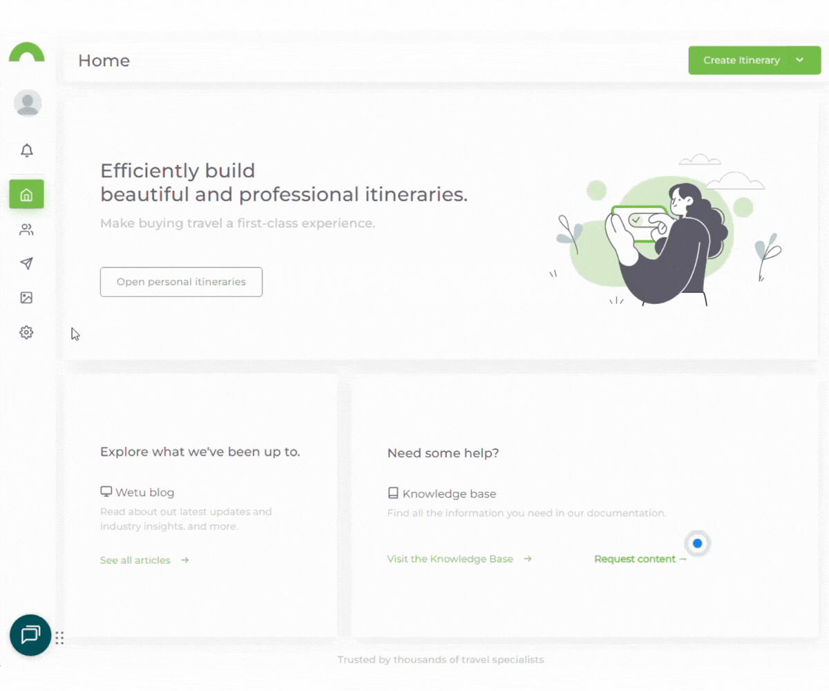Wetu navigation panel with Account Setup section expanded, showing the Account menu item highlighted in green