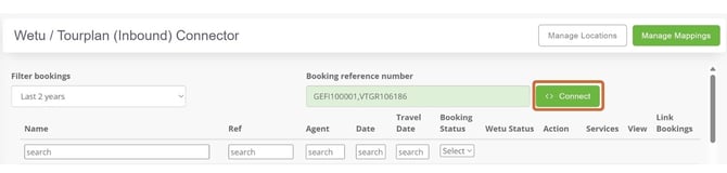 Linked bookings appear in the Connect field — select Connect to proceed