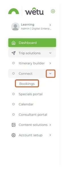 Navigate to Connect > Bookings in your Wetu Dashboard