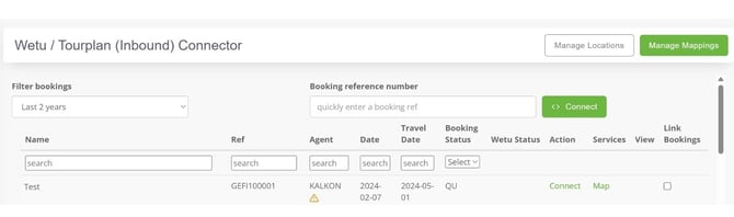 The Wetu / Tourplan (Inbound) Connector showing all received bookings