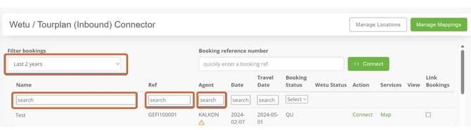 Use the filter and search fields to locate your booking