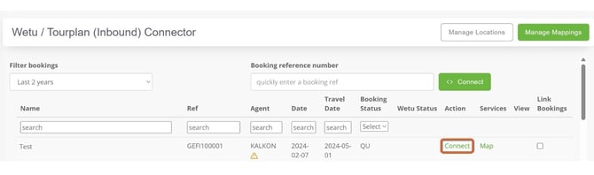 Select Connect to open the mapping screen for your booking