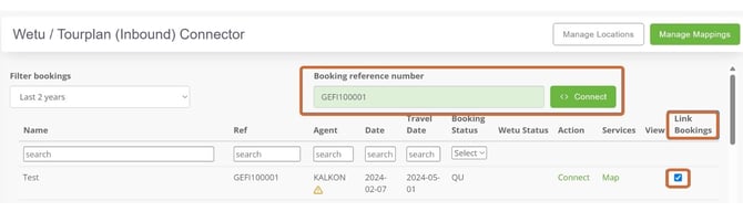 Tick the Link Bookings checkbox for each booking to include