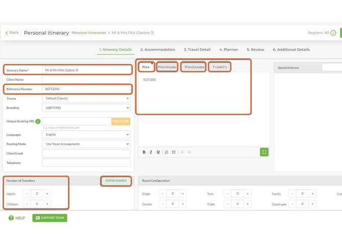 Itinerary Details tab — fields populated from Tourplan NX