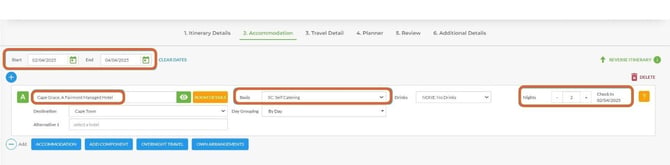 Accommodation tab — fields populated from Tourplan NX