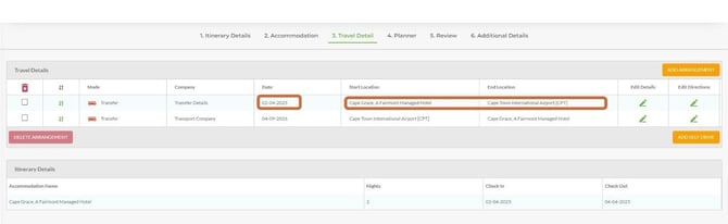 Travel Details tab — travel services populated from Tourplan NX