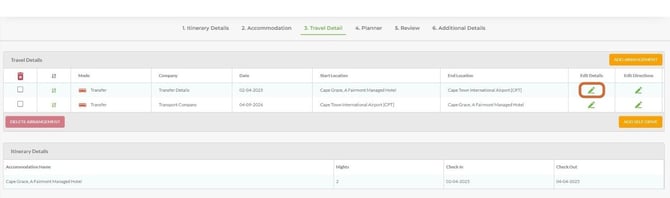 Select Edit Details to view the information for a travel service