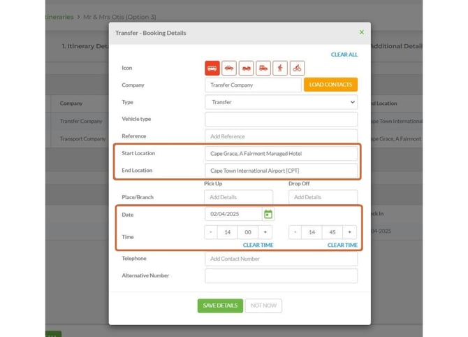 Transfer – Booking Details modal showing information pulled from Tourplan NX