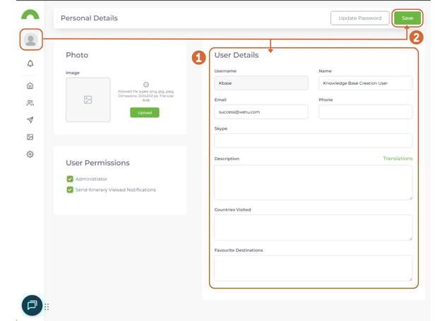 Screenshot of the Wetu Personal Details form showing editable fields for first name, last name, email address, and phone number, with a Save button at the bottom