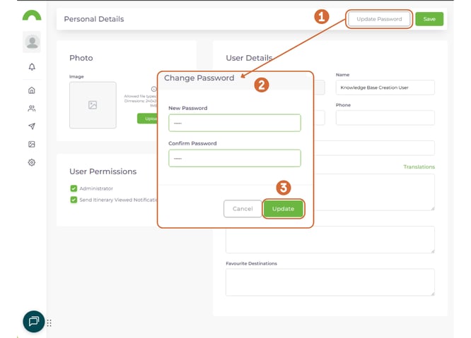 Screenshot of the Update Password dialog box with fields for entering a new password and confirming the password, plus an Update button