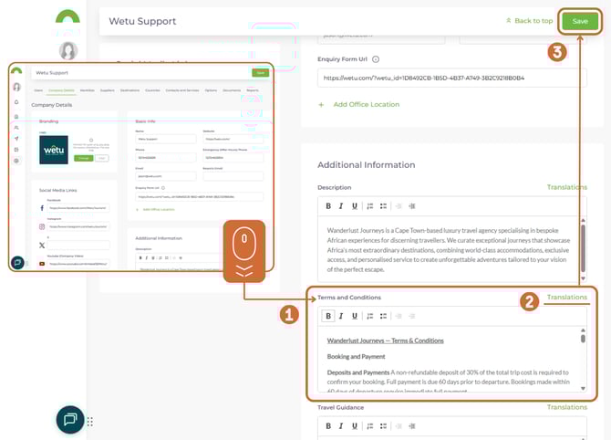 Terms and Conditions text field in Company Details with sample content and Translations button