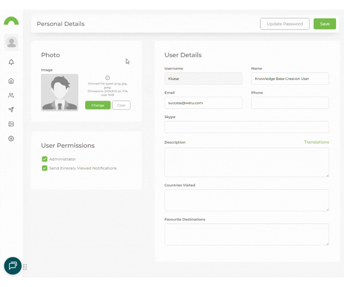 Animation demonstrating the profile photo update process: clicking the Upload or Change button, selecting a photo file from the computer, and clicking Save to confirm the changes