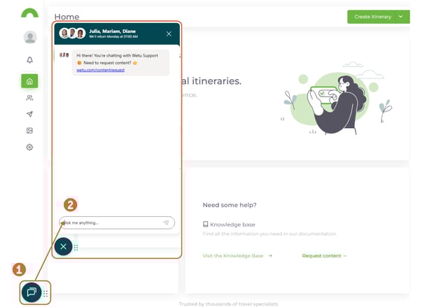 Screenshot of where to click to chat to support, with numbered directions.